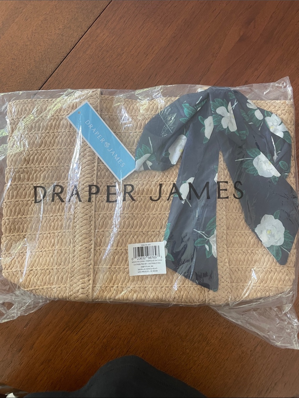 Draper James Tan Woven Tote with Navy Floral Scarf